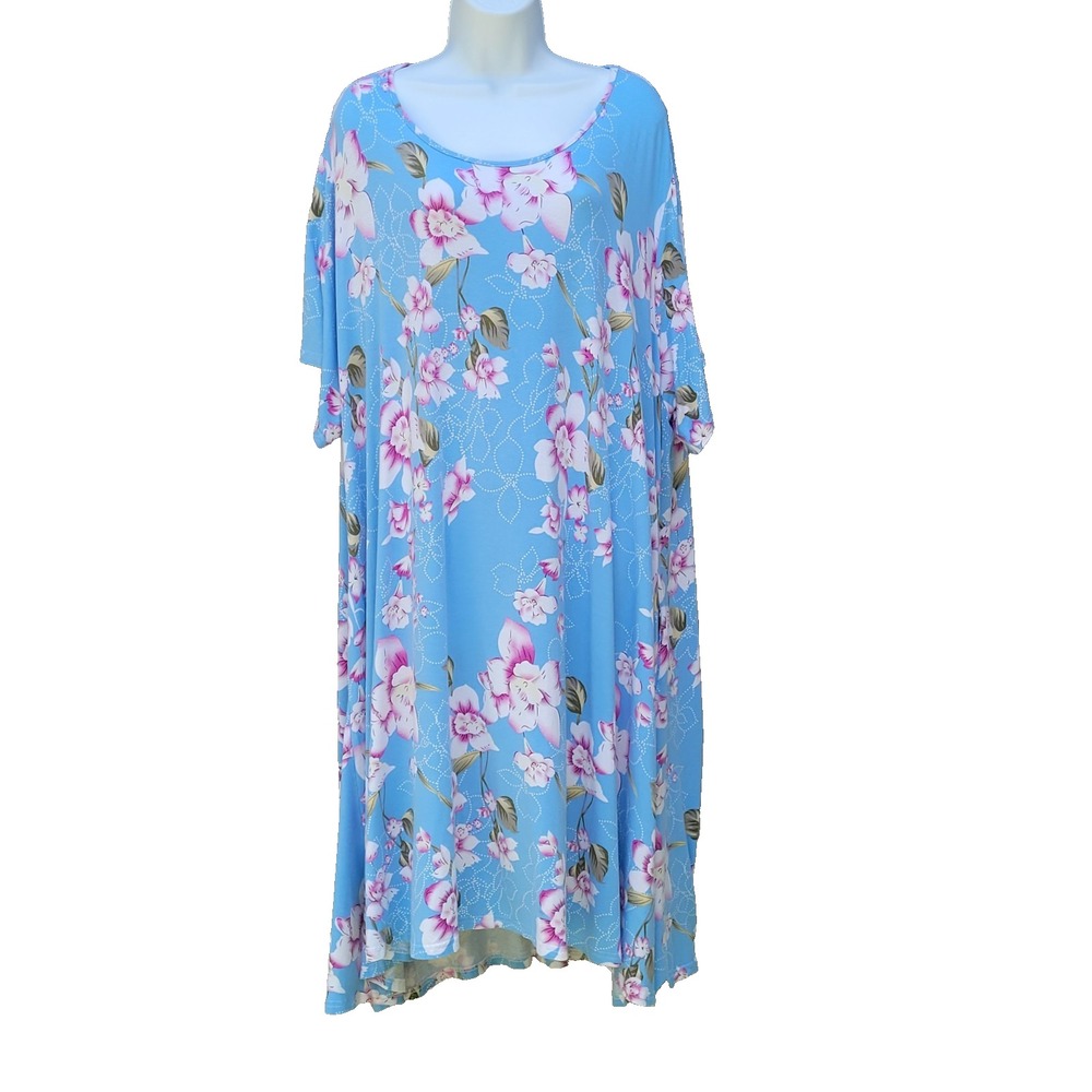 Womens 6XL Blue Floral Soft Knit Dress Lightweight Summer Pockets Casual